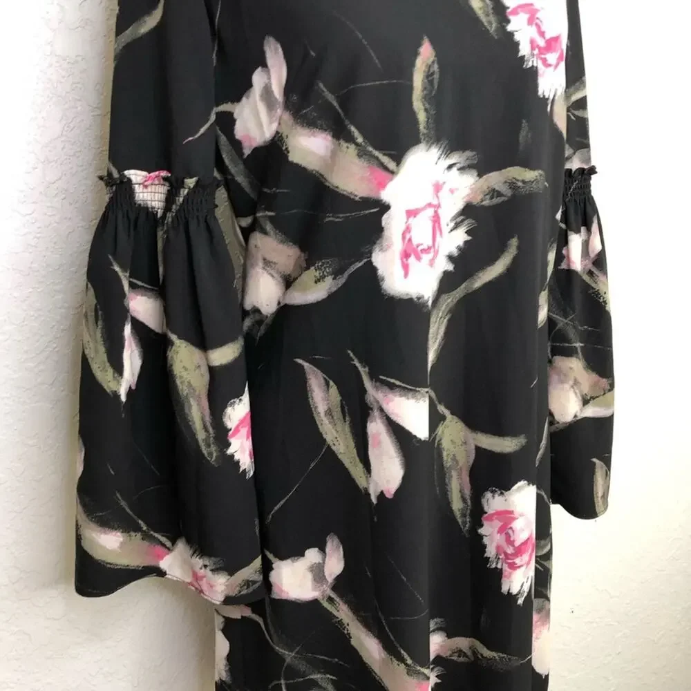 WHBM black pink floral v neck bell sleeve dress size 10
